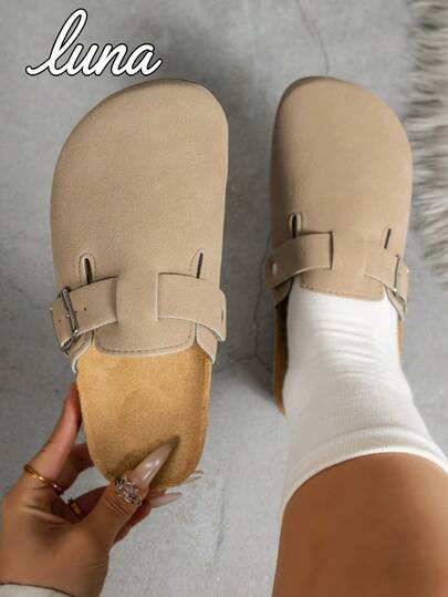 Wide Fit Soft Cork Slide Sandals, Suede Upper Slip-On Sandals, Thick Sole Outdoor Closed-Toe Slippers, Fashionable Plus Size European And American Style Summer Unisex Couple Toe-Covering Slippers