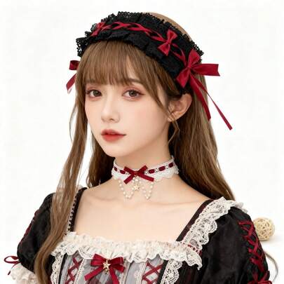 2pcs/Set Lolita Headband + Neck Strap, Soft Girl Maid Lace Bow Ribbon Hair Clip, Sweet Princess Style, Versatile