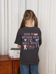 Tween Girl Bow & Letter Print Round Neck Short Sleeve T-Shirt, Summer Top - Dark Grey - View 2