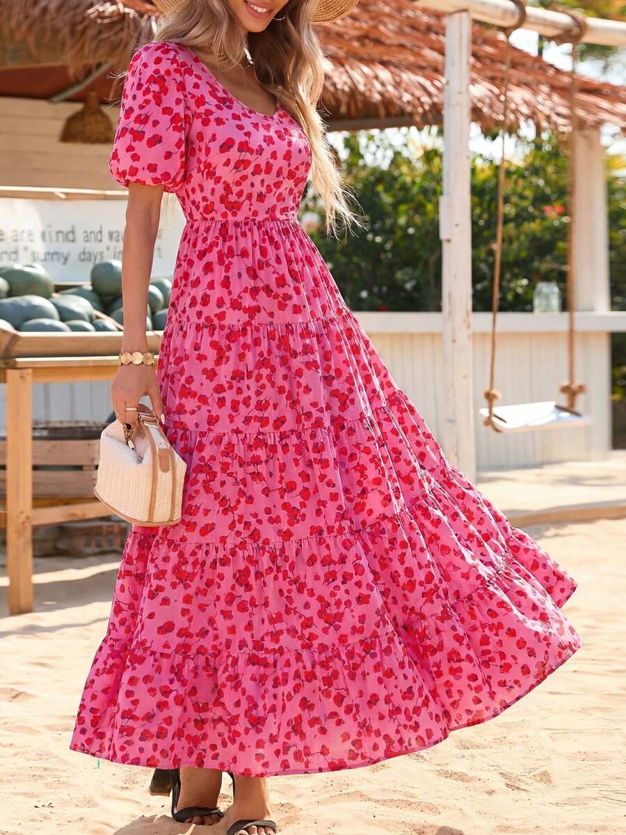 Women's Dress, Puffed-Sleeve Floral Casual Summer Dress, Pleated Back, Beach Flowing, Layered Long Sundress - Hoa nhỏ màu đỏ hồng - Xem 1