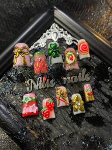 10pcs Handmade Full Coverage Short Duck-Shaped Fake Nails, Colors Include Red, Pink And Gold, Cute Strawberry And 3D Bow Pattern, Sweet Summer Style Women's Fake Nails, Suitable For Party, Daily Wear, Students, Comes With Glue And Nail File - Multicolor - View 3