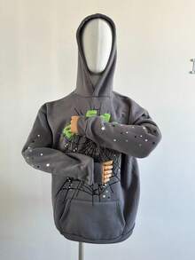 Men's Oversized Hip Hop Spider Web Pattern Graphic Alphabet Print Harajuku Vintage Hoodie Long Sleeve Street Wear Top For Both Men And Women Big Size Hoodies - Xám - Xem 2