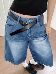 Y2K街头风短裤，复古口袋做旧阔腿百慕大休闲牛仔七分裤，夏季必备 - 深色水洗藍 - 查看 3