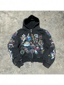 Unisex Y2K Vintage Graphic Zip Up Hoodie - Oversized Rapper Streetwear Sweatshirt - 黑色 - 查看 3