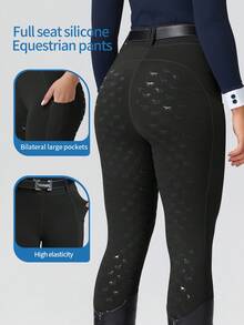 ROYALS MATTINI 女士马术服装，骑马马裤/马裤，全硅胶抓地座椅，耐磨，口袋，适合马术运动，速干 - 黑色 - 查看 1