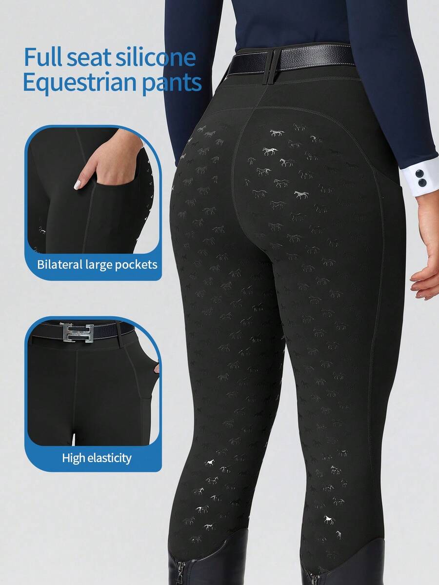 ROYALS MATTINI 女士马术服装，骑马马裤/马裤，全硅胶抓地座椅，耐磨，口袋，适合马术运动，速干 - 黑色 - 查看 1