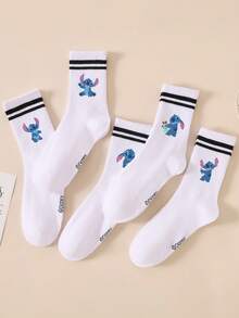 1 Pair/5 Pairs/10 Pairs Women's Mid-Calf Socks - Disney Stitch Pattern, Couple Mid-Calf Socks, Two-Stripe Sports Mid-Calf Socks, Versatile Style, Suitable For Daily Wear And As Holiday Gifts - Multicolor - View 10