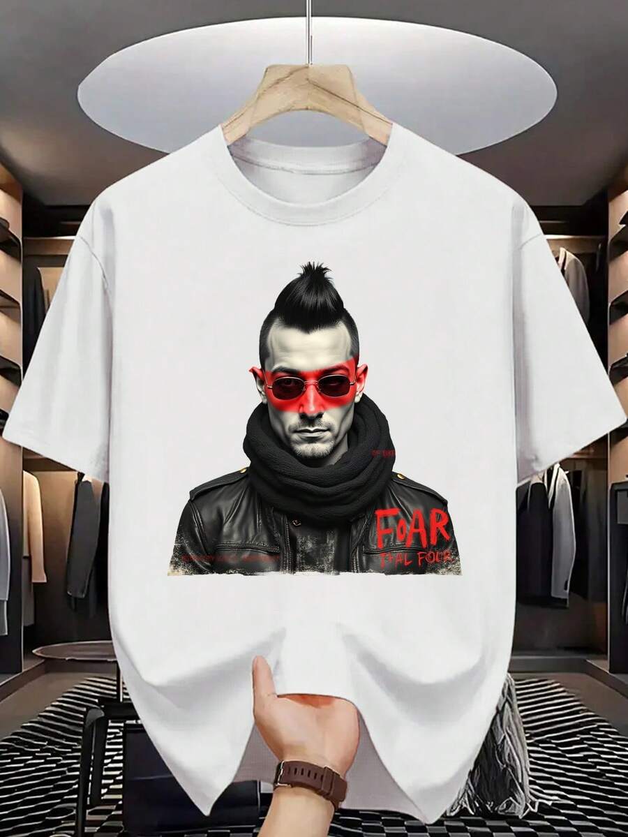 Camiseta de Algodón 100% para Hombre - Manga Corta, Cuello Redondo, Estampado Digital, Cómoda para Todas las Estaciones, Lavable a Máquina, Ideal para Salidas Diarias, Cuello Redondo, Diseño Circular, Camiseta Casual de Verano T-shirt Abstract black wavy line on teal background minimalist art piece with bold textured strokes and modern design - Blanco - Ver 1