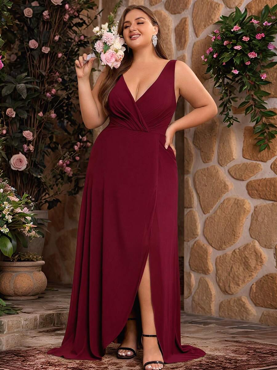 Vestido de Dama de Honra para Convidados de Casamento, Festa à Noite e Coquetel, Elegante, Sólido, Minimalista, Gracioso, Chiffon com Decote em V, Amarração nas Costas e Zíper, Tamanhos Plus Size, Primavera/Verão/Outono - bordô - Visão 1