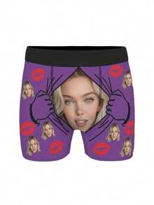 Personalized Photo Boxer Briefs For Men - Custom Face/Name/Photo Underwear Suitable For Valentine's Gifts, Anniversary, Or Daily Wear - Unique Matching Boxer Shorts With Your Own Picture Or Lip Print (Comfortable Stretch Fit) - 紫色 - 查看 3