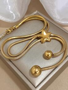 1Pc Shiny Gold Snake Chain Lariat Necklace With Star & Ball Pendants - Y-Shaped Celestial Design, Bold Daily Casual Jewelry For Stylish Looks,Unisex,Valentine's Day Gift - Multicolor - View 2