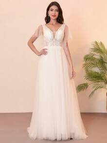 Sexy Deep-V Neck Women Simple Wedding Dresses Elegant A-Line Boho Bridal Gowns Beach Appliques Lace Flower Wedding Gowns Princess Party - White - View 1