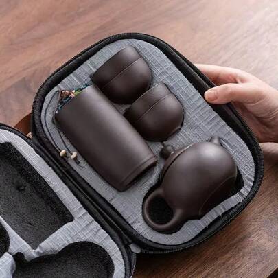 طقم إبريق شاي سيراميك، طقم شاي من الطين الأرجواني، طقم شاي للسفر، يشمل 4 أكواب شاي، وعاء للشاي، منشفة شاي، حقيبة سفر محمولة، مناسب للمطعم والمنزل والمكتب، إبريق شاي كونغ فو صيني وطقم شاي