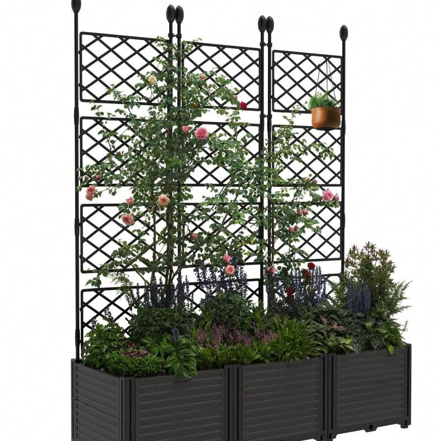 Tall Raised Garden Bed Kit With Tre-Llis - 3pcs/4pcs/7pcs Plastic Plant-Er Box, P-Rivacy Screen For Backyard Climbing Plants & Flowers - 黑色-3 部分 - 查看 1