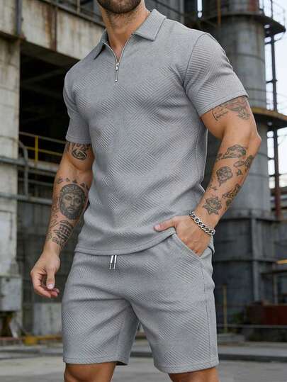 (Ramadan) Men's 2 Pieces Polo Shirt And Shorts Set, Textured Jacquard Knit, For Everyday Casual Wear.