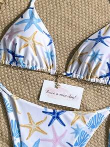 Sultry Sol 2pcs Women's Sexy Bikini Set, Dopamine Starfish Double-Sided Print Swimsuit, Halter Neck Top & Drawstring Side Bottoms Vacation Beach - Multicolor - View 7