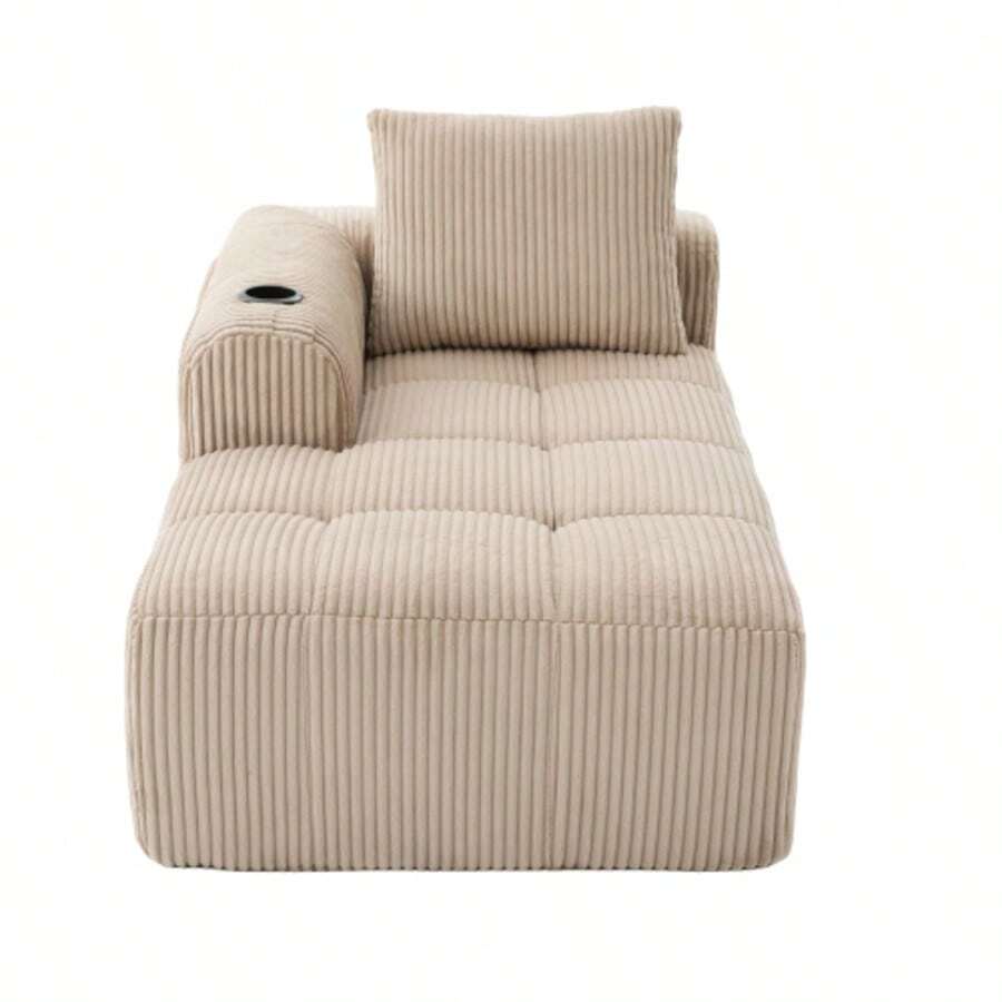 Comfortable Reclining Corduroy Sofa - No Assembly Required, Plush Sofa With Back Cushions, Side Storage Pocket For Remote Control And Mobile Phone, Built-In Cup Holder - Neat And Aesthetic. - 卡其色 - 查看 1