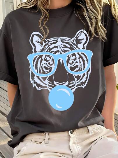 1pc Girls' Cute Bubble Blowing Tiger Graphic Short Sleeve T-Shirt, Comfortable Breathable Casual Summer Wear
