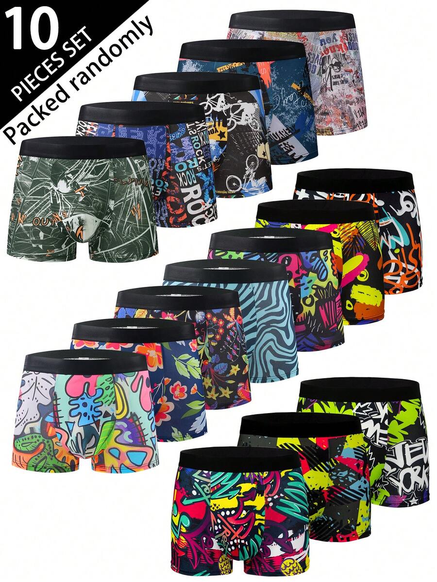 10pcs Fashion Printed Men's Boxer Briefs, Soft Stretchy Thin Trunks With Mixed Letter & Graffiti Patterns, Casual Underwear, Novelty Designs - Multicolor - View 1