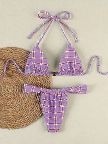 Ladies' Purple And Red Checkered Thin Striped Bikini With Metal Buckle Decoration, Sexy Resort Swimsuit, Two Pieces Swimsuit Set Beach Summer Spring 2026,Birthday Outfits For Women,Gym Wear Women,Elegant Dress Women,Elegant Dress Women,Vacation Outfits Women,Going Out Top - Multicolor - View 3