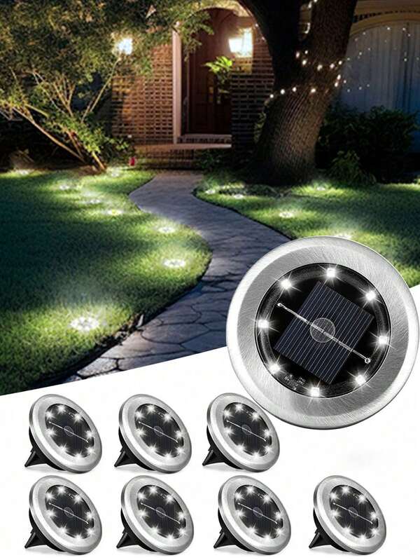 4pcs Mini 8LED Solar Path Lights, Outdoor Stainless Steel Solar Buried Lights, IP65 Waterproof Solar Landscape Lights, Waterproof Outdoor Solar Street Lights, Solar Lawn Underground Lights, Pathway Lights, Night Lights, Cute And Small, Suitable For Garden, Villa, Lawn, Road, Sidewalk, Alley, Also Suitable For Christmas And Halloween Decoration