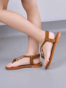 1 Pair Girls' Fashion Flat Sandals, Comfortable Casual Everyday Wear Flip Flops - Brown - View 5