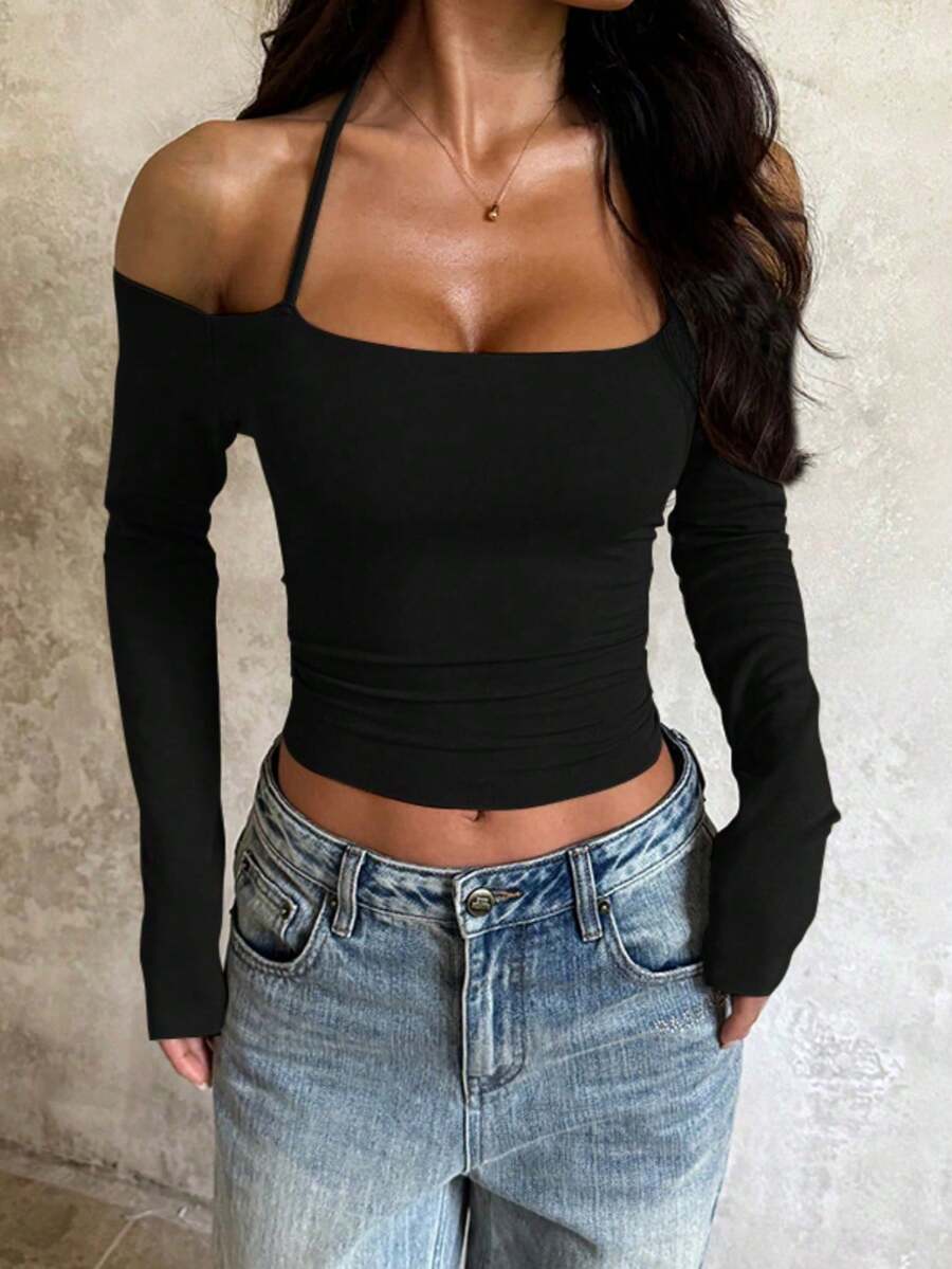 Áo kiểu nữ tay dài cổ yếm trễ vai mùa hè WOWDARK, thích hợp cho ngày Valentine, hẹn hò, tụ họp, tiệc tùng, du lịch, kỳ nghỉ, đi biển và các dịp khác. Màu đen, mùa xuân. - màu đen - Xem 1