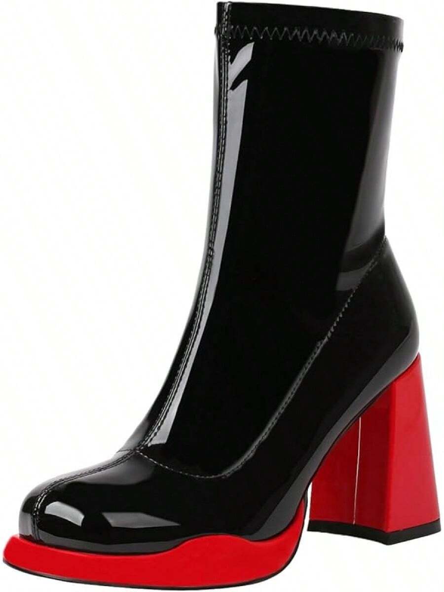 Platform Chunky Heel Ankle Boots Women Square Toe Mid Calf Boots With Side Zippers Party Cosplay Dance Gogo Boots - Đỏ - Xem 1