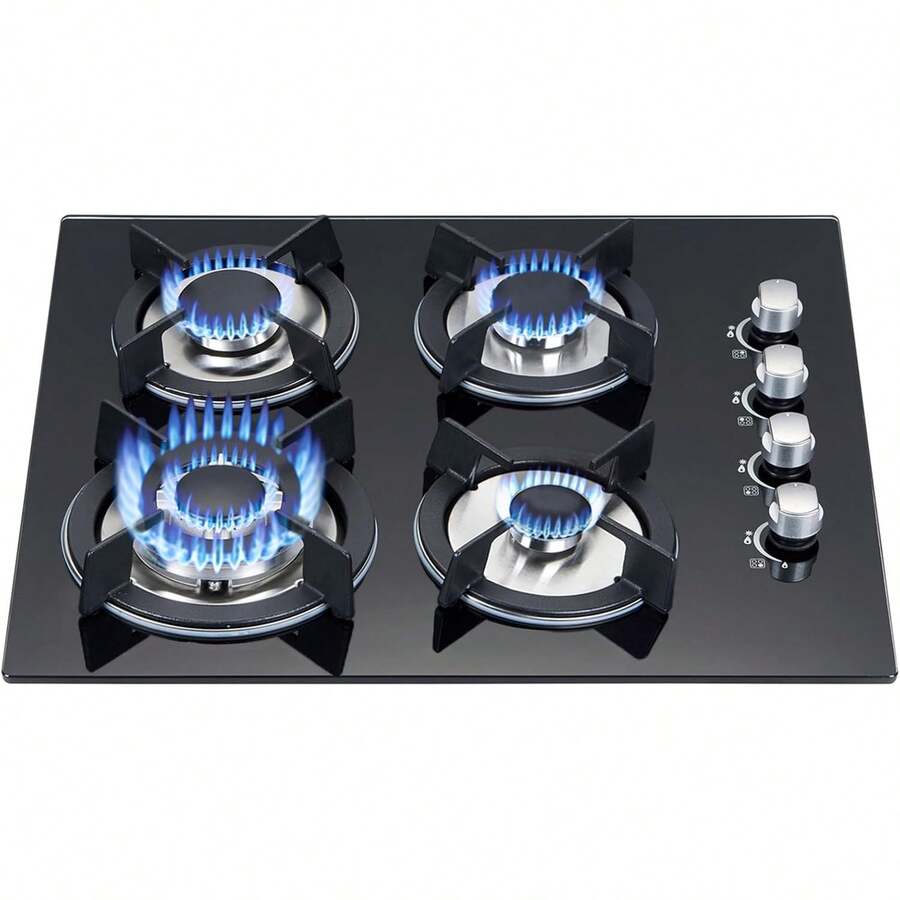 NUBE Parrilla de Gas Empotrable 4 Quemadores Vidrio Templado Estufa para Cocina Encendido Electronico Gas Natural y Gas Estufa Empotrable Cristal Templado Negro - Negro - Ver 1