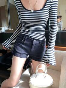 Tie-Up Striped Long Sleeve T-Shirt For Women, Sexy Backless Crop Top - Navy Blue - View 6