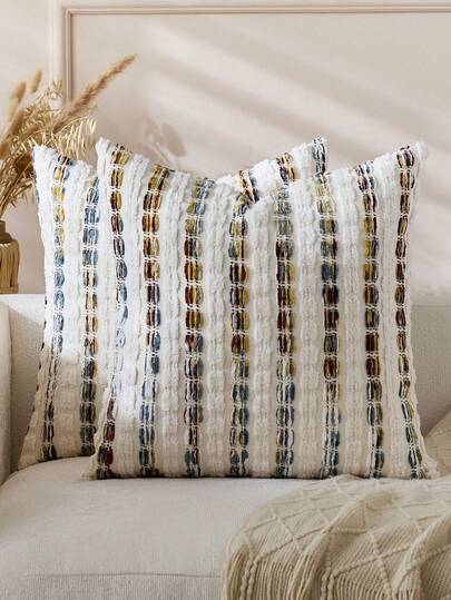 1pc/2pcs Boho Pillow Covers 18x18 Inch Farmhouse Decorative Striped Square Chenille Tufted Accent Neutral Throw Pillow Covers For Living Room Couch Bed
