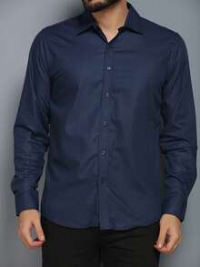 Men's Slim Fit Long-Sleeved Dress Shirt - Navy Blue - View 2