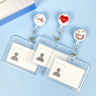 1 Set Doctor/Nurse Transparent Badge Card Holder, Retractable Badge Reel, Medical Element ID Card Clip