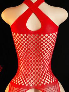 Bộ bodysuit lưới màu đỏ gợi cảm với thiết kế đan chéo cổ và họa tiết lưới lớn. - Đỏ - Xem 4
