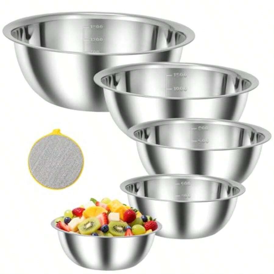 Juego de Bowl de ro Inidable de 6 Piezas Bowls de Cocina Bowls para Mezclar Ensaladas Ideal para Cocinar Hornear y Servir Ensaladas de Frutas 5 bowls + 1 esponja - Plateado - Ver 1