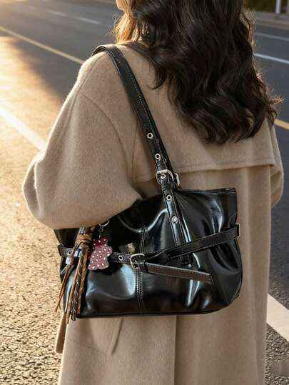 Festival, New Fashionable High-Capacity High-End Korean Style Casual Minimalist Lightweight Versatile PU Soft Leather Korean Plaid Rivet Retro Slouchy Wind Women's One Shoulder Oblique Shoulder Handbag Tote Bag Palace Bag Handheld Bag Suitable For Travel, Shopping, Dating, Women's Gifts, Suitable For Teenage Girls, College Students, Beginners And White-Collar Workers, Suitable For Office, Academy, Work, Business, Commuting, Outdoor, Travel, Outing, Large Bag, With Pendant