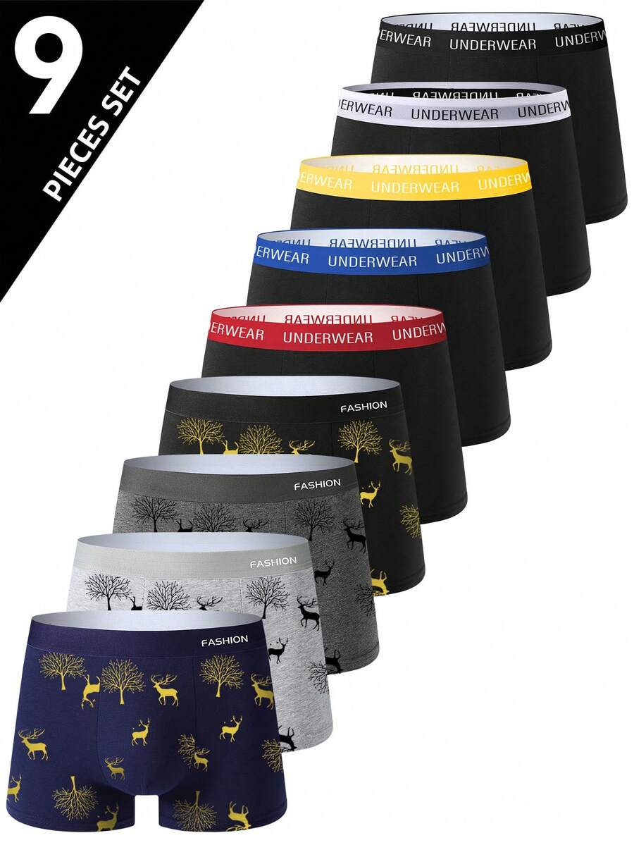 9pcs/Set Men's Fashion Style Short Boxer Briefs, Printed Breathable Comfortable Boxer Briefs, Sports Shorts, Funny Men's Underwear, Cycling Shorts - Multicolor - View 1