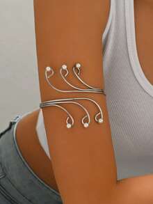 1件欧美中东风格极简几何仿珍珠可调节手镯，适合日常、度假、休闲、婚礼等场合搭配 - 白K - 查看 2