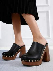 Slingbacks Mules Pumps Suede Slip On Chunky High Heel Slippers Women Rivet Fashion Cosplay Casual Shoes Woman Wedding Day Gift - pu黑色 - 查看 3