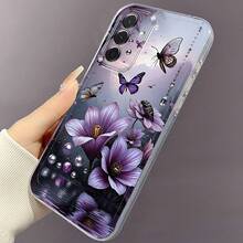 Funda de Teléfono de Mariposa Flor Morada Compatible con Samsung Galaxy A03S A04 A05S A06 A07 A13 A14 A15 A16 5G A17 A21S A22 A23 A24 A25 A26 A32 A34 A35 A36 A50 A52 A53 A54 A55 A56 A73 S21 Ultra S22 Plus S23+ S24 FE S25 Funda de TPU Suave Versátil de Moda, Duradera, Antigolpes, Transparente y Protectora - Multicolor - Ver 9