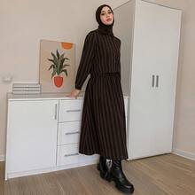 DAZY 女士休闲通勤条纹衬衫和裙子两件套 - 棕色 - 查看 7