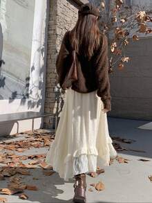 Asymmetric Textured Lace Patchwork Washed A-Line Skirt, High Waist Loose Flattering Flared Skirt, 2026 Spring New Women's Fashion - Apricot - View 4