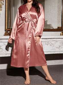 Women's Long Bathrobes Long Sleeve Solid Color Kimono Robes Ladies Loungewear Sleepwear - Pink - View 1