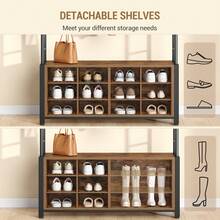 HaluPeit Coat Rack With Shoe Storage, Hall Tree With Bench For Hallway, 14 Open Compartments, Coat Stand With Adjustable Shelves, 13 Hooks, Top Storage For Living Room, Entrence - 復古棕黑色 - 查看 6