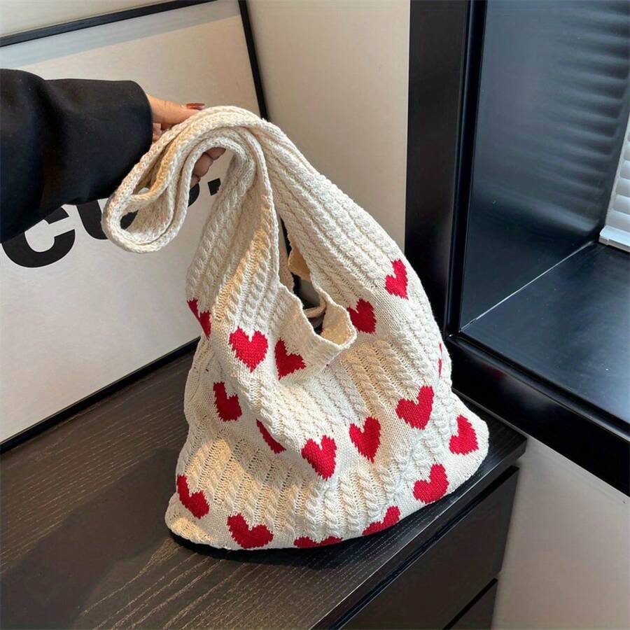 Crochet Heart Handbag With Woven Pattern - Soft Knitted Shoulder Bag, Spacious & Perfect Valentine's Gift For Her - Màu xanh lam - Xem 1