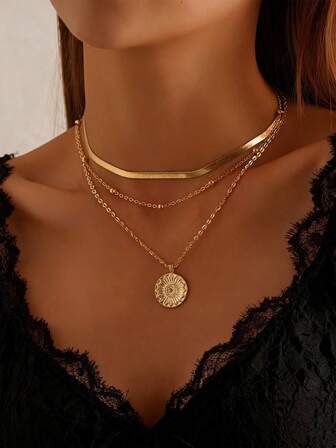 Collar de 3 en 1 de moda con cadena de cuentas redondas multicapa, collar de hueso de serpiente plano vintage, collar gargantilla adecuado para hombres y mujeres, uso diario y festivo