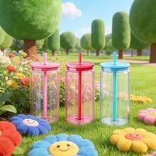 KAFUFU 24-Pack 16oz Colorful Plastic Snow Globe Jars - Single Layer Tumbler Set With Color Lids & Straws | For DIY Gifts, Cold Drinks & Car Use, Includes Brushes, Seasonal Gift Idea (Multi-Color) - 24pc 16oz colorful - 查看 6