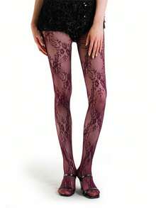 Lolita Sweet Punk Style Ditsy Floral Thigh High Stockings, Sexy Hollow Out Fishnet Tights For Women - Burgundy - View 5
