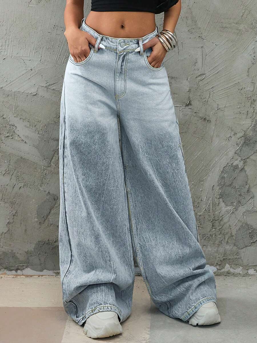 Calça Jeans Casual Feminino de Perna Larga, com Zíper e Bolsos com Botão, Comprimento Total, Tecido Sem Elasticidade - Azul - Visão 1