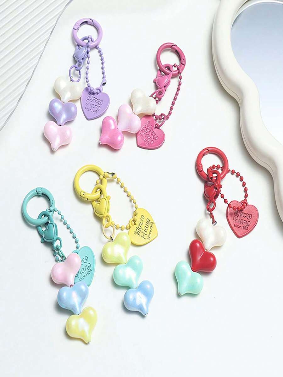 1pc Resin Heart-Shaped Dopamine Color Beaded Keychain Pendant, Colorful Heart Charm Accessory, Sweet Bag/Purse Decor - Multicolor - View 1